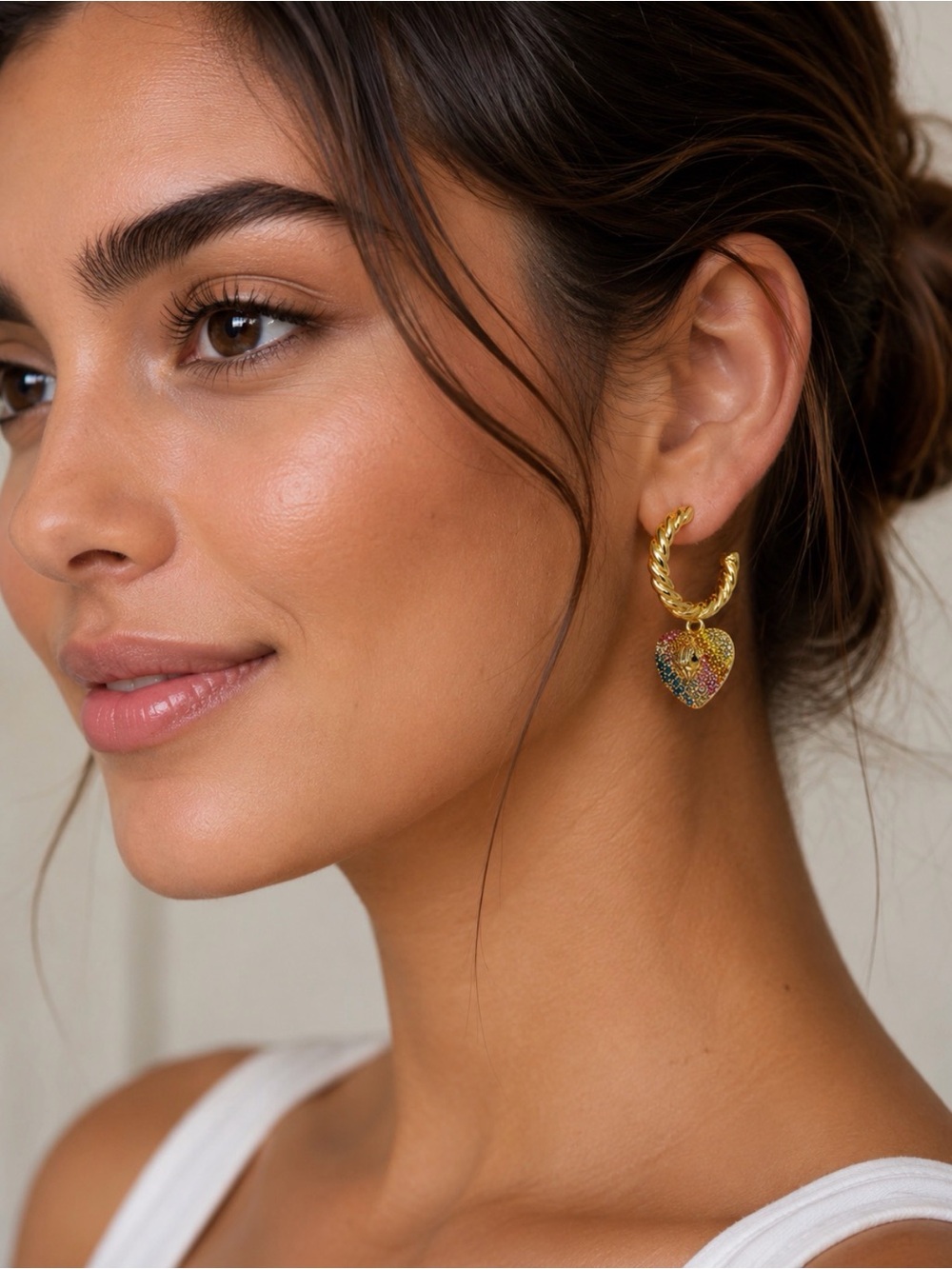 Kurt Geiger Gold Twisted Hoop Earring with Rainbow Crystal Heart Charm. NEW